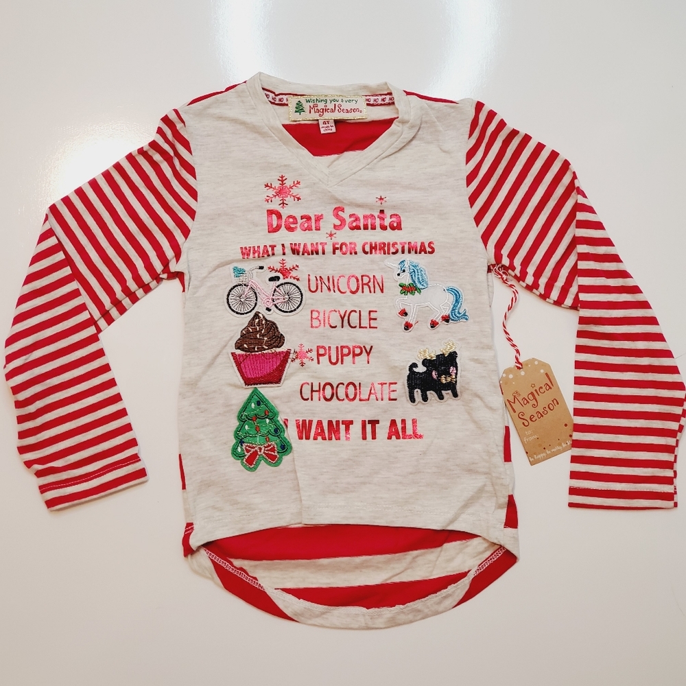 Magical Season Red and Gray Striped Christmas V Neck Top 4T